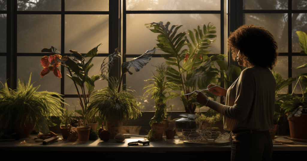 A woman taking care of her indoor plants