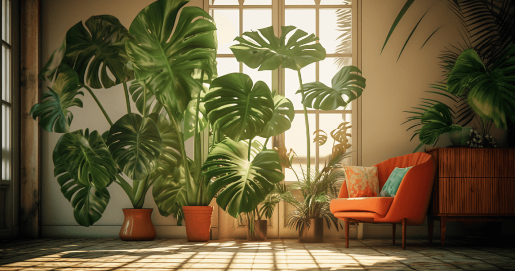 The beautiful leaves of a Monstera plant inside a home