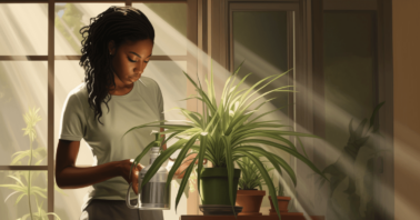 A woman taking care of her indoor plant from pests and diseases