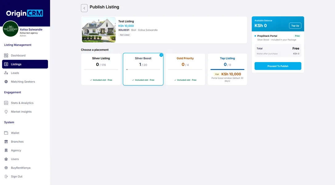 OriginCRM publishing and wallet interface